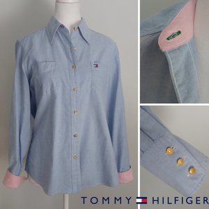 TOMMY HILFIGER Women's Chambray Button Down Shirt Gold Buttons Blue Pink Reverse
